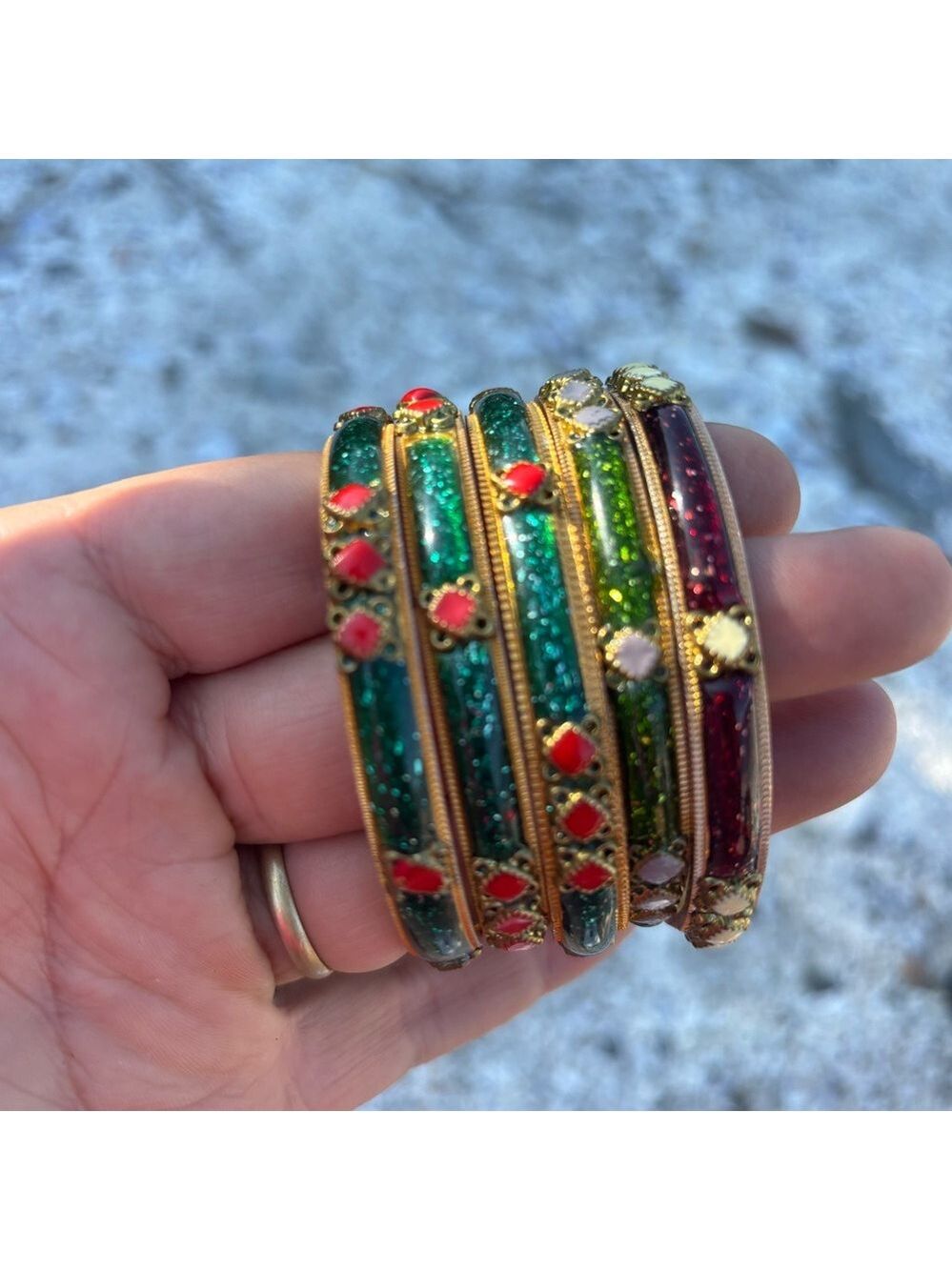 SET OF 5 Bright Multicolour Bangles Set Red and Green - Picture 9 of 9